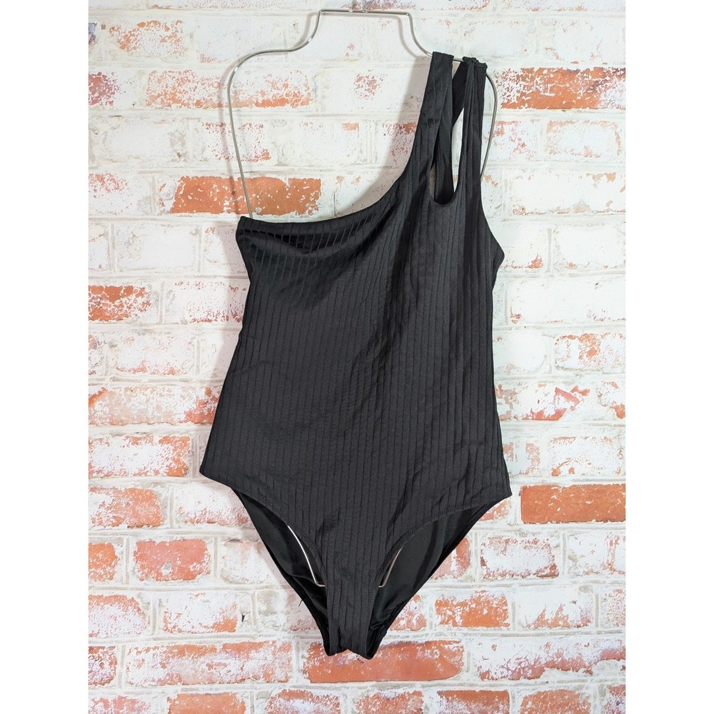 Aerie One Piece Swimsuit Womens Large Black Ribbed One Shoulder Full Coverage